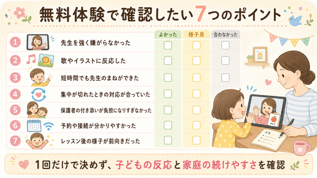 無料体験で確認する7項目チェックシート